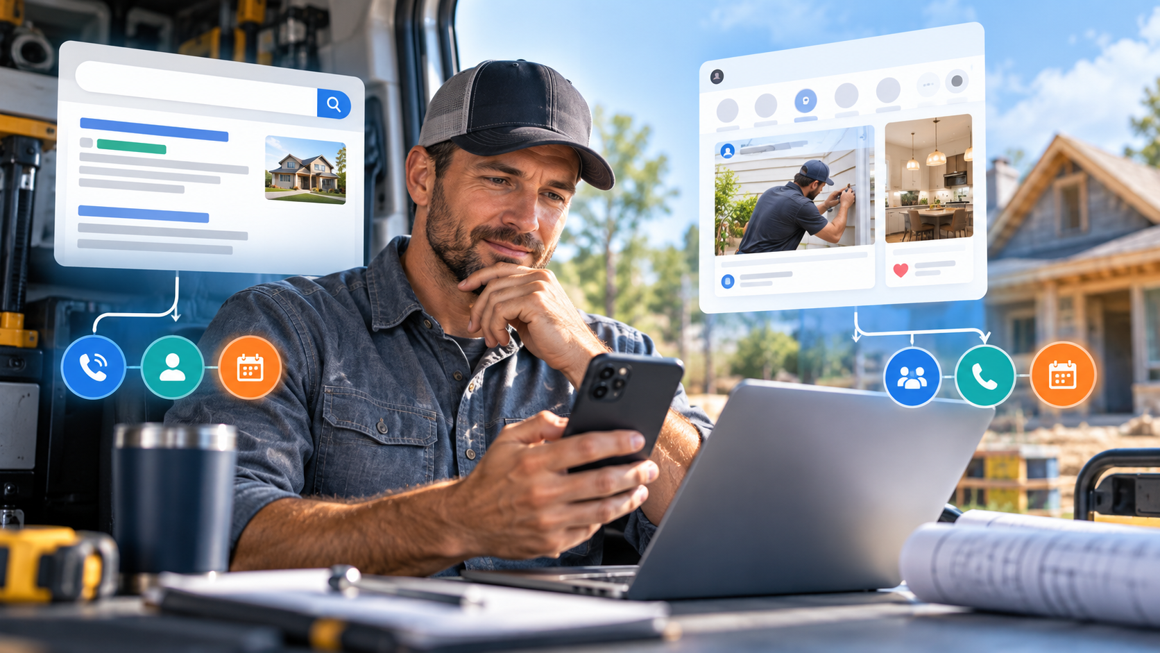 Contractor comparing search ads and social media ads before choosing where to advertise